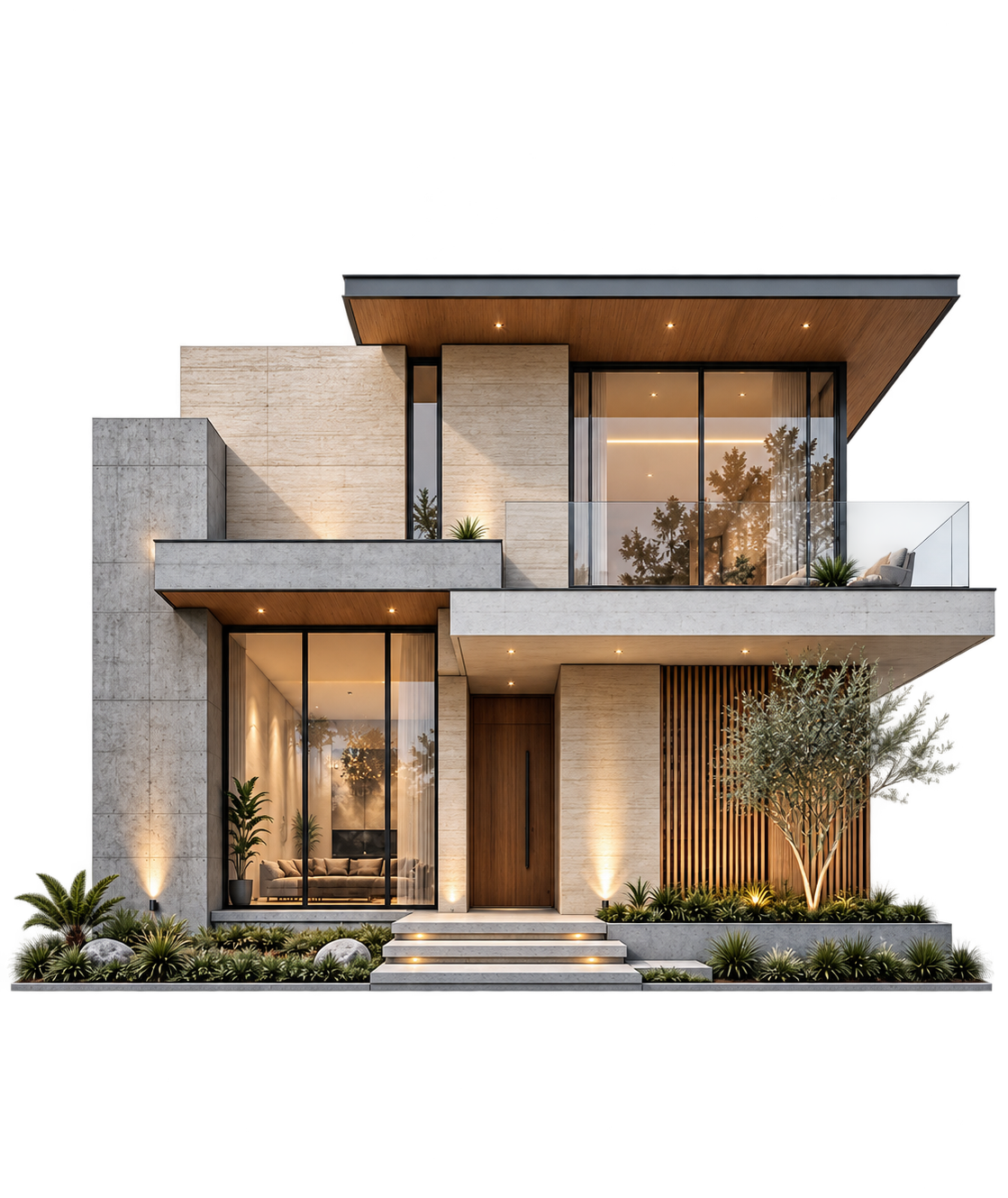 Illustrative render of a modern two-storey villa with warm dusk lighting, a landscaped garden and a parked car